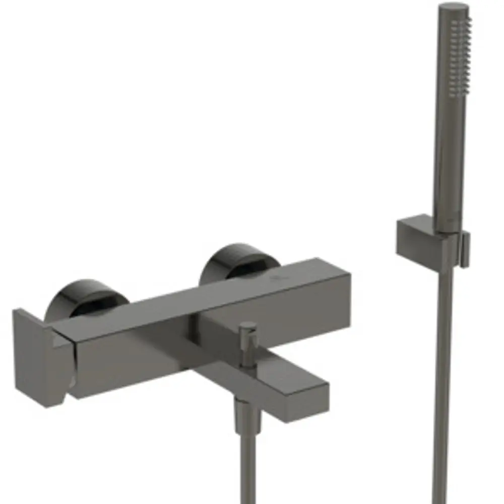 Wandmontierte Badarmatur in mattem Grau von Ideal Standard mit zwei Bedienknöpfen und einem Handbrauseauslauf. Design in rechteckiger Form.